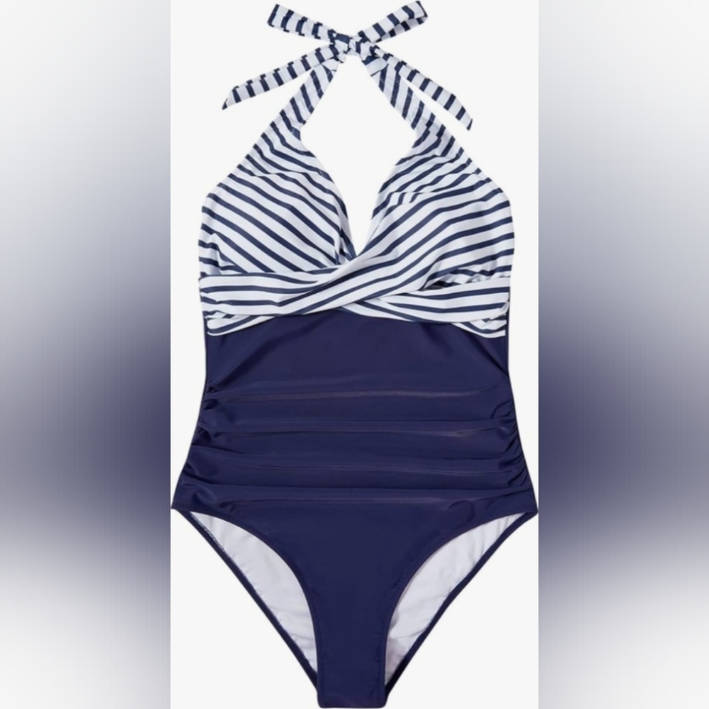 Striped Navy & White Halter One-Piece Swimsuit Size XXL